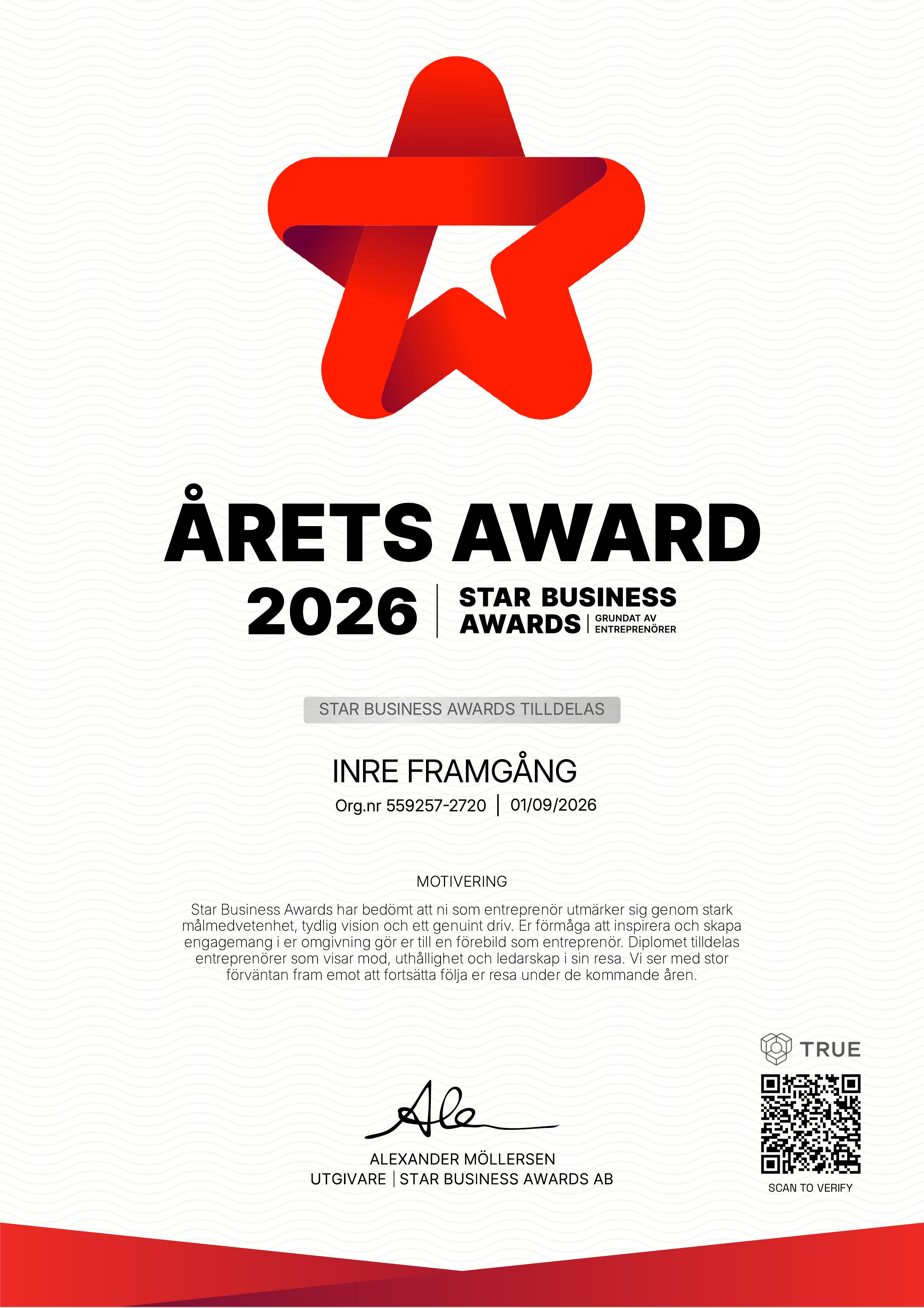 Diplom Årets Award 2026 från Star Business Awards, tilldelat Inre Framgång